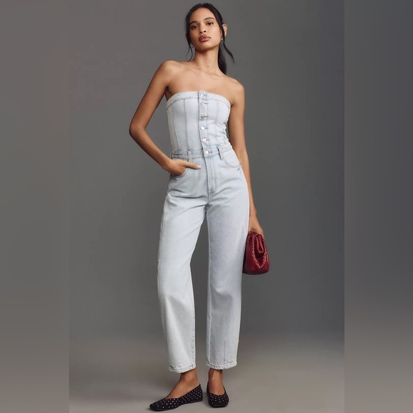 🆕 Anthropologie Pistola Daphne Strapless Denim High Rise Barrel Leg Jumpsuit - Picture 3 of 16